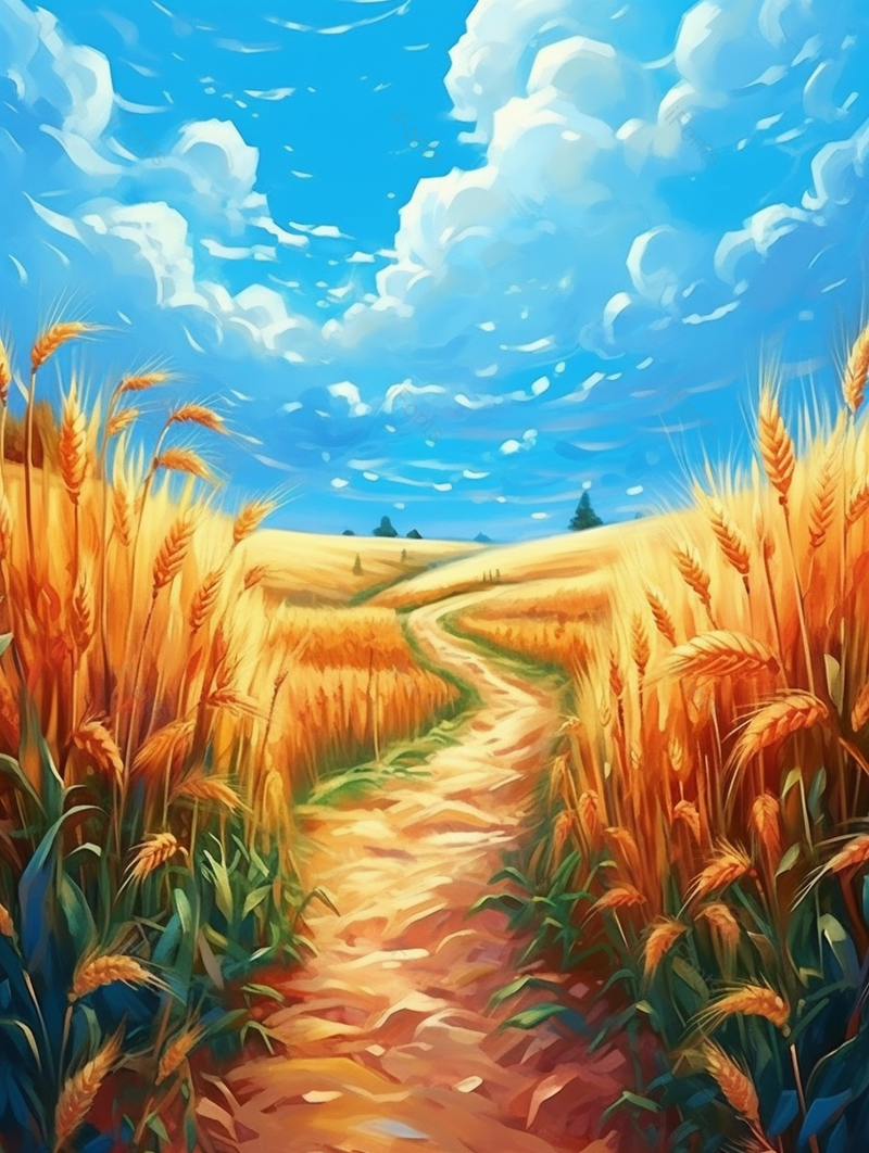 小清新风格麦子和小路白云蓝天风景,插画/手绘图,插画/手绘图库,插画/手绘图下载,插画/手绘